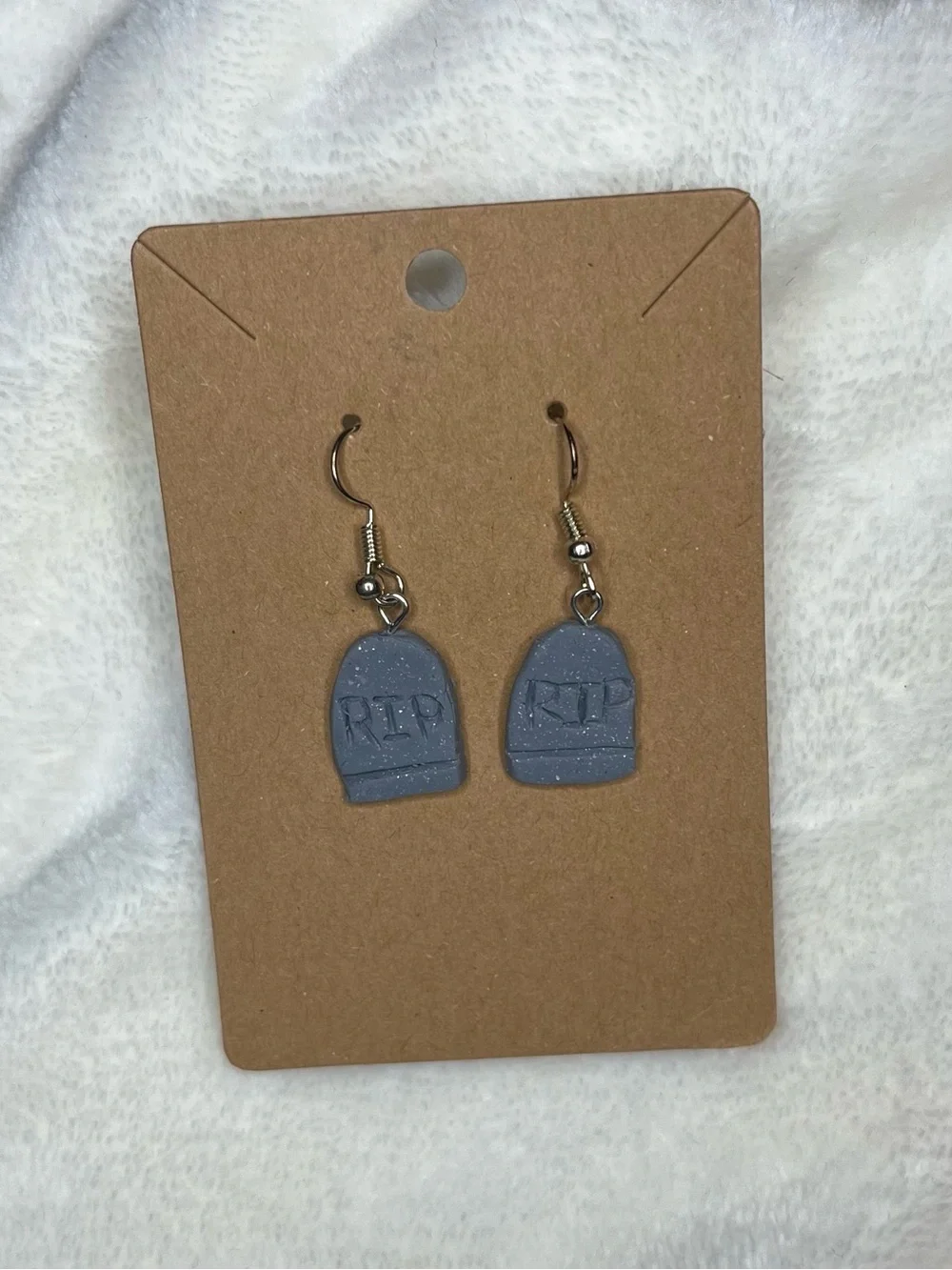 Handcrafted RIP Tombstone Halloween Dangle Earrings - Blue / Gray